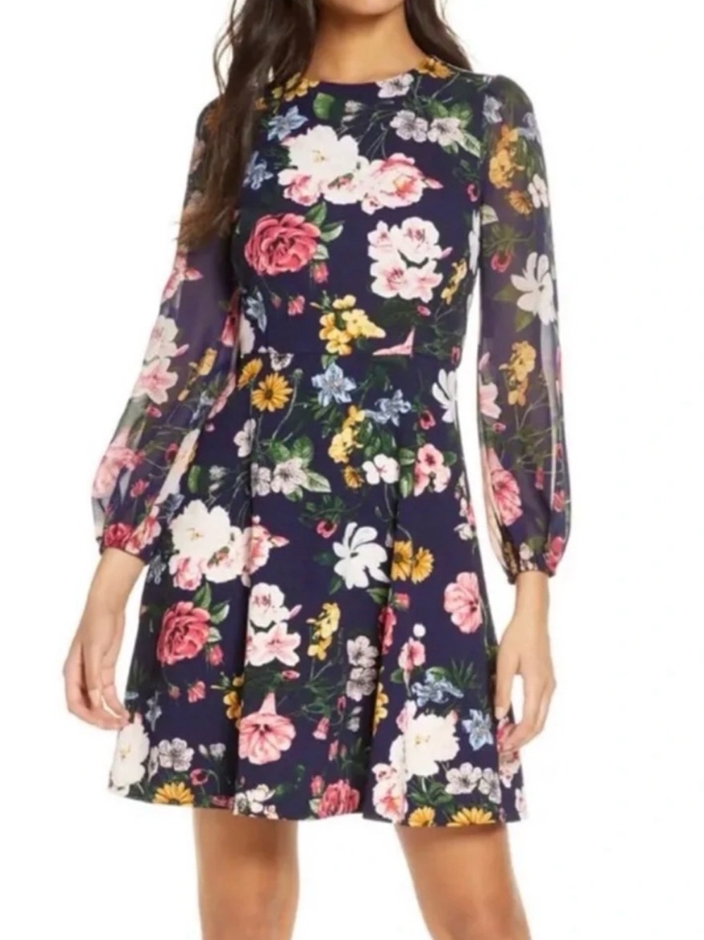 Navy Floral Print Long Sleeve Dress